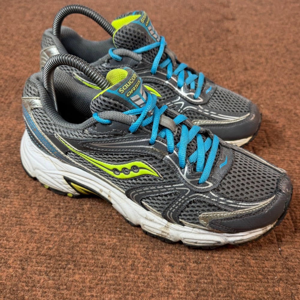 Saucony Oasis Women Running Shoes Gray Blue Neon Yellow Size 8 15096-6 Sneaker